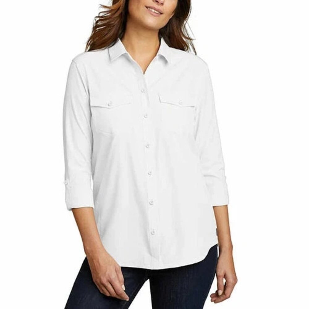 Eddie Bauer Women Plus Size XXL Stretch White Button UPF50+ Tech Shirt NWT
